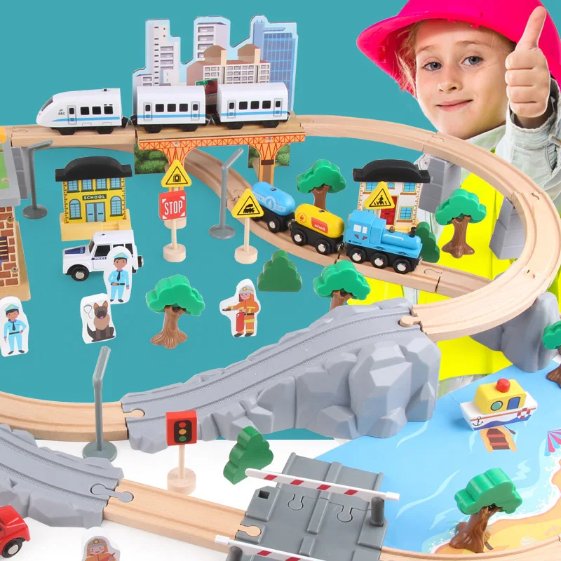 95 шт. Магнитный деревянный литой поезд трек набор и станция Мост Аксессуары железнодорожная модель игрушки транспортные средства игрушки для детей