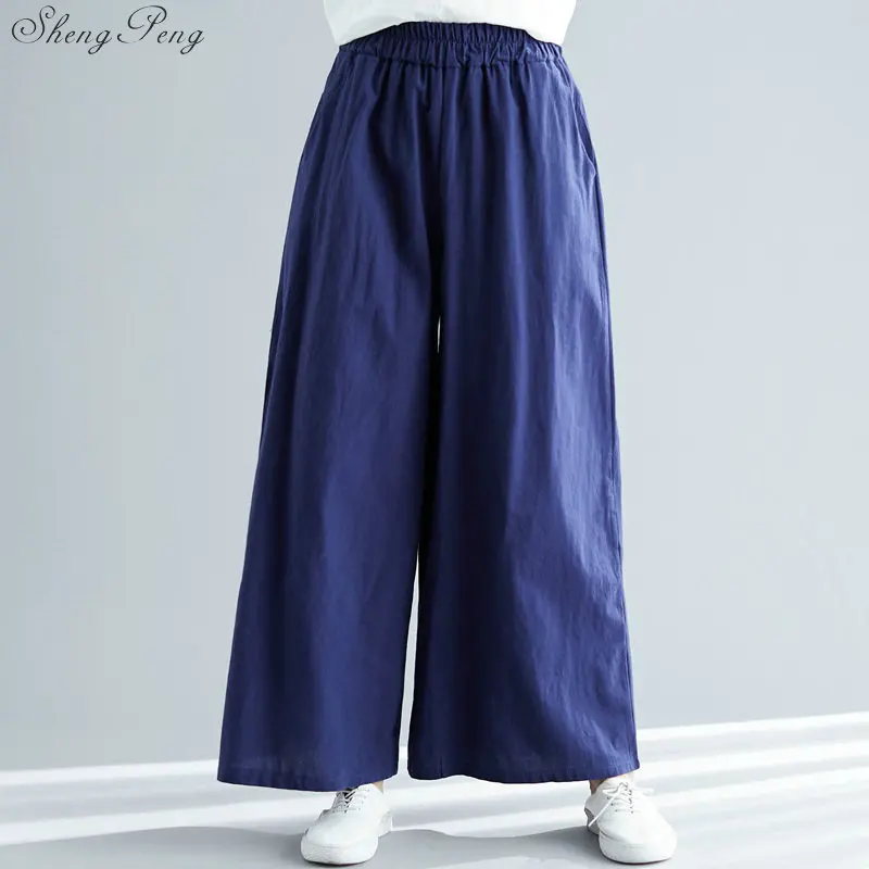 

Linen pants women linen clothes for women elastic waist comfortably solid wide leg white linen pants free size V1445