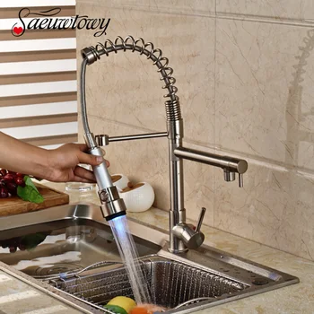 

Saeuwtowy Brushed Nickel LED Kitchen Faucet Hot and Cold Mixer Tap Pull Down Built-In LED Spout Deck Mounted