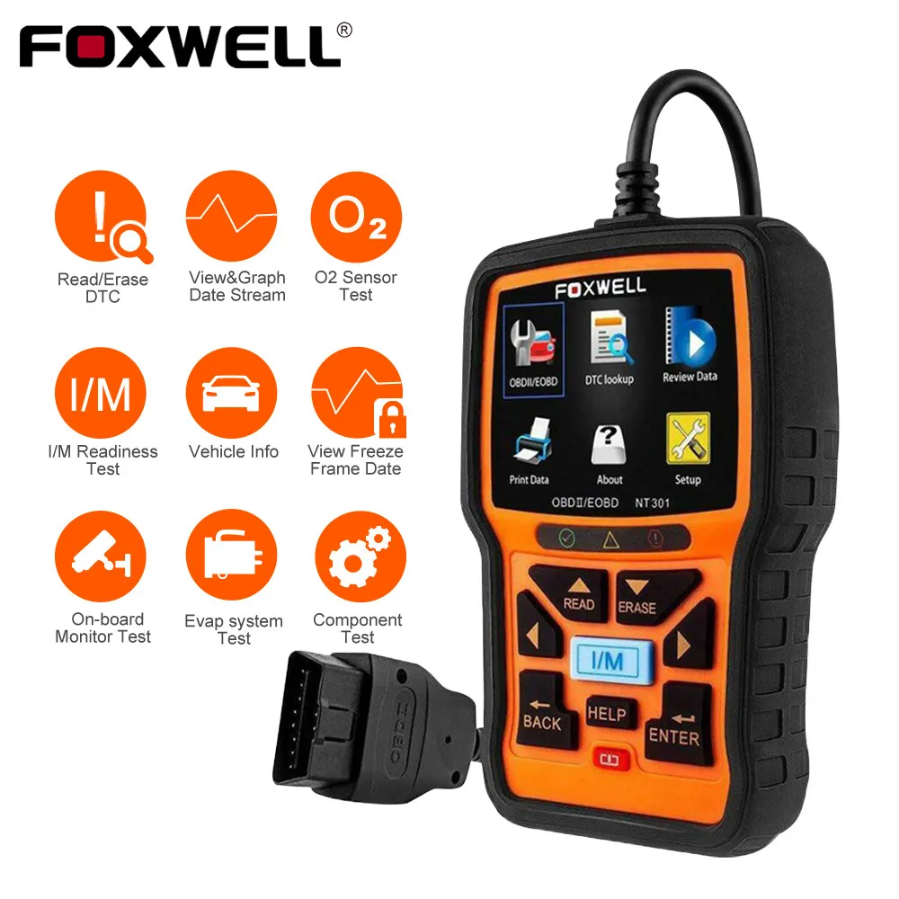 فوكسويل NT301 OBD2 ماسحة المهنية EOBD OBDII قانون القارئ فحص المحرك ODB2 OBD 2 السيارات الماسح الضوئي سيارة التشخيص أداة