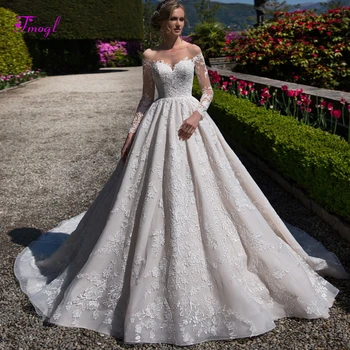 

Fmogl Sexy Scoop Neck Backless A-Line Wedding Dresses 2020 Court Train Appliques Vintage Bridal Gown Vestido de Noiva Plus Size