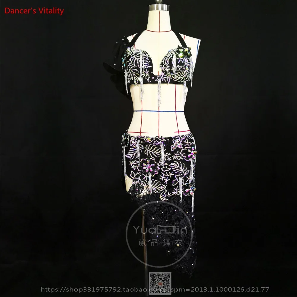 

Professional Custom Made Sexy 2 piece Women Bra+Fringed Skirt Drum Belly Dance Costume Dancer Show Wear Free Shipping