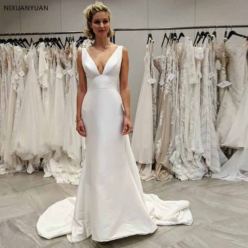 

Sexy Deep V-neck Wedding Dresses Mermaid Style Satin Simple Bridal Gowns Elegant Chapel Train Cheap Vestidos De Noiva 2019