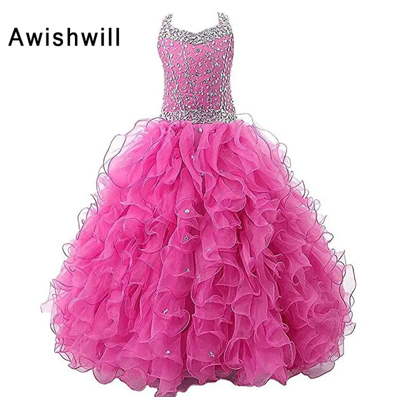 

Real Photo Lace-up Back Beadings Organza Kids Evening Dress Ball Gown Flower Girl Dress 2019 First Communion Dresses For Girls