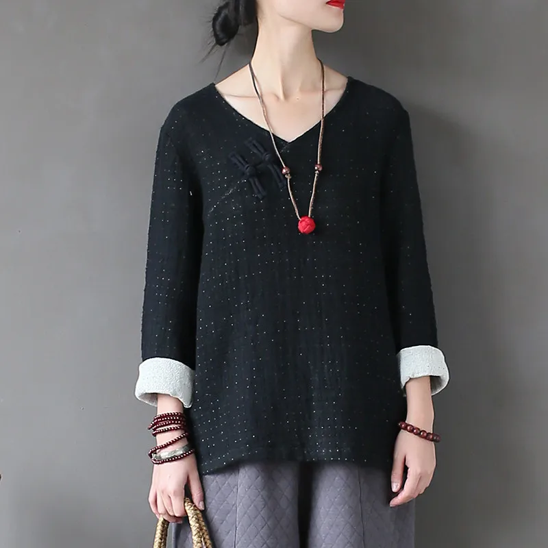 

Johnature Women Black Shirt 2019 Autumn New Long Sleeve Button V-Neck Vintage Blouses Double Linen Warm Women Shirts