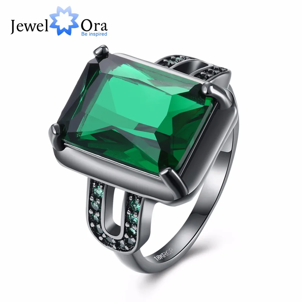Hyperbole Square Green Cubic Zirconia Party Ring Accessorise Black Gun Color Rings For Womens Fashion Jewelry(JewelOra RI103313)