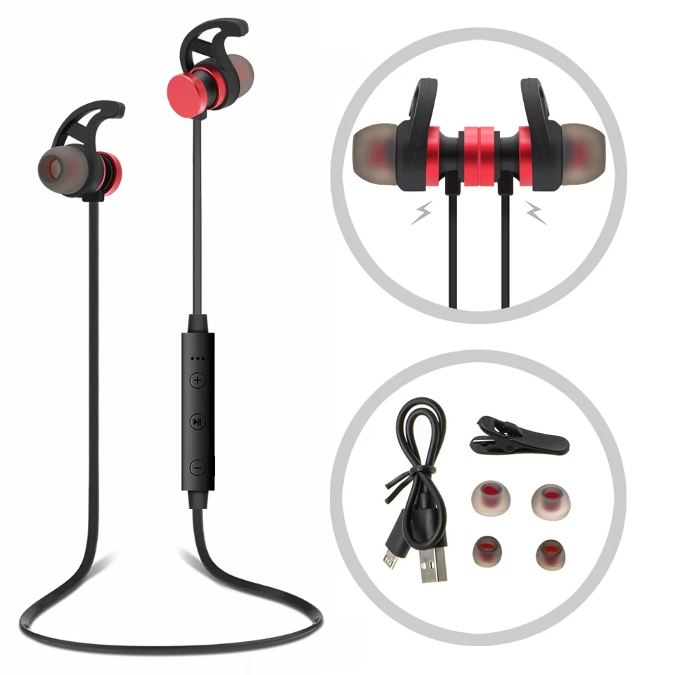 

Magnetic Design Sport Earphones Earpiece Neckband With Microphone Controller Headset Earhook USB Port Charger 60MA Battery