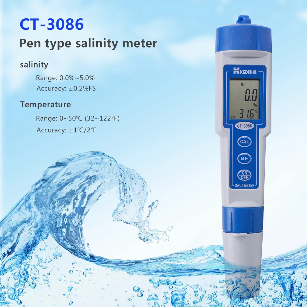 

CT-3086 Salt Meter Water Salinity Tester Pen Type Digital Salinometer Range 0.0%-5.0% ATC Chemical Electronics Food Salt Meter
