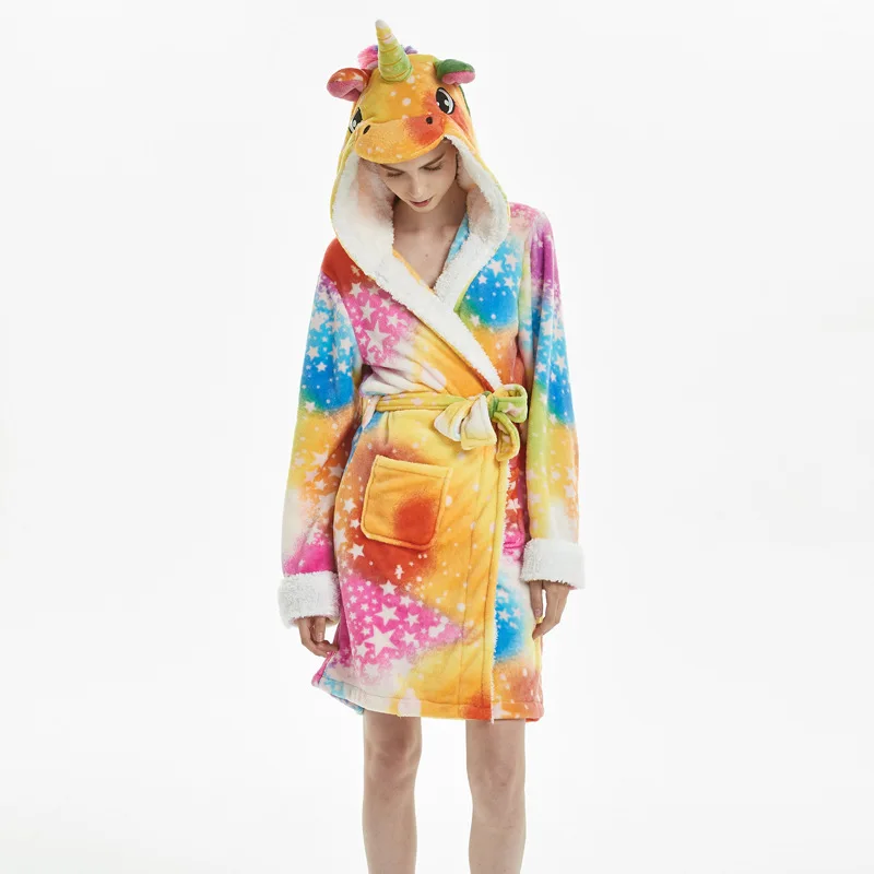 

Cute Winter Women Hooded Bath Robe Cartoon Animal Unicorn Flannel Bathrobe Sleepwear Female Thick Warm Fleece Pajama Robe