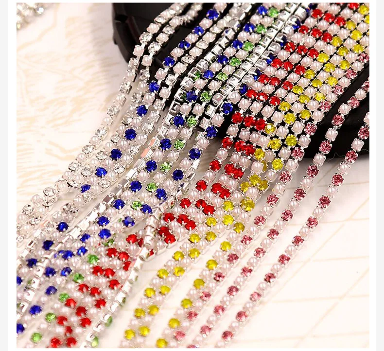 

CJSIR 1 Yard Single Row Metal Base Rhinestone Cup Chain with Multicolor Crystal Pearl Rhinestone Trim DIY Cloth Hat Bags Shoes
