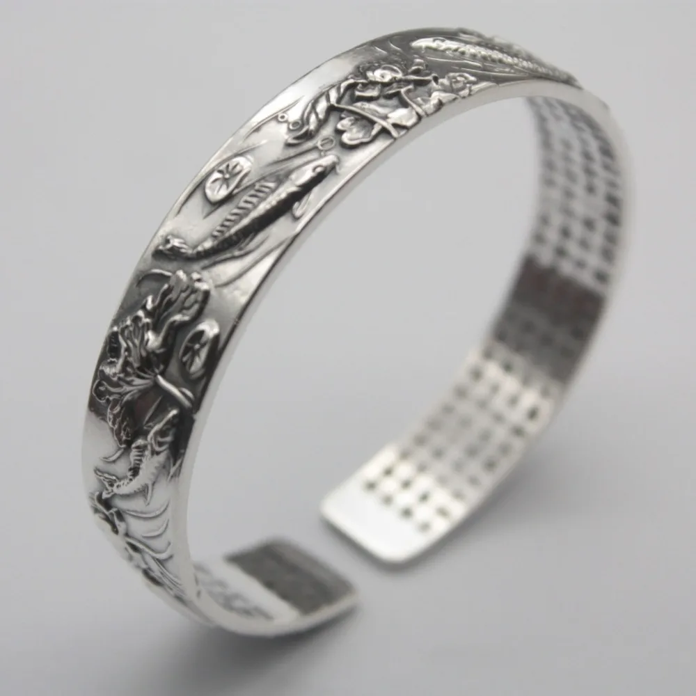 

New Arrival Pure S999 Sterling Silver Bracelet Women Bless Fish Flower Bangle Cuff 42g