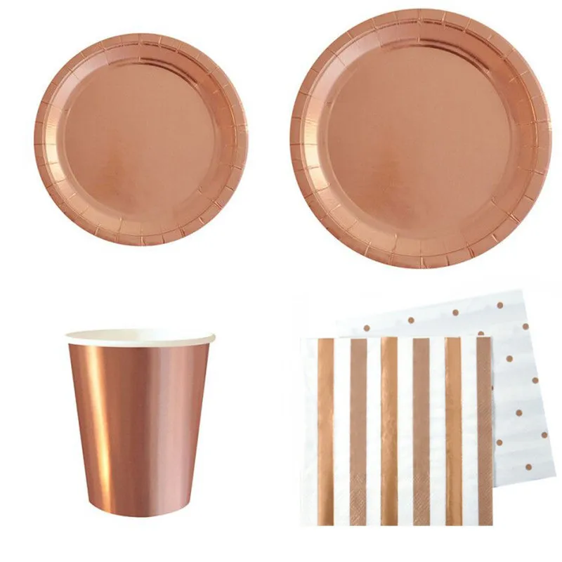 16Sets Rose Gold Paper Plates Cups Napkins Straws Cupcake Wrappers