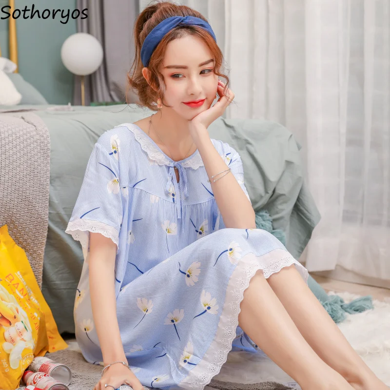 

Nightgowns Women Summer Korean Style Thin Loose Home Artificial Cotton Female All-match Womens Knee-Length Print Sleepshirts