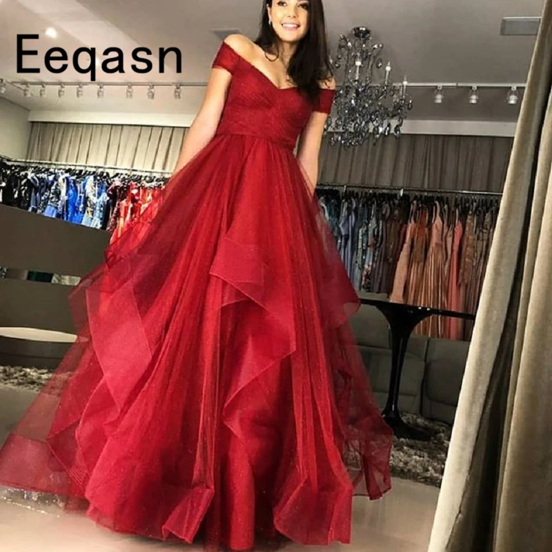 

Burgundy Long Prom Dresses 2020 Off Shoulder V Neck Pleated Tulle Prom Gown Ruffles Puffy Ball Gowns Robe De Soiree