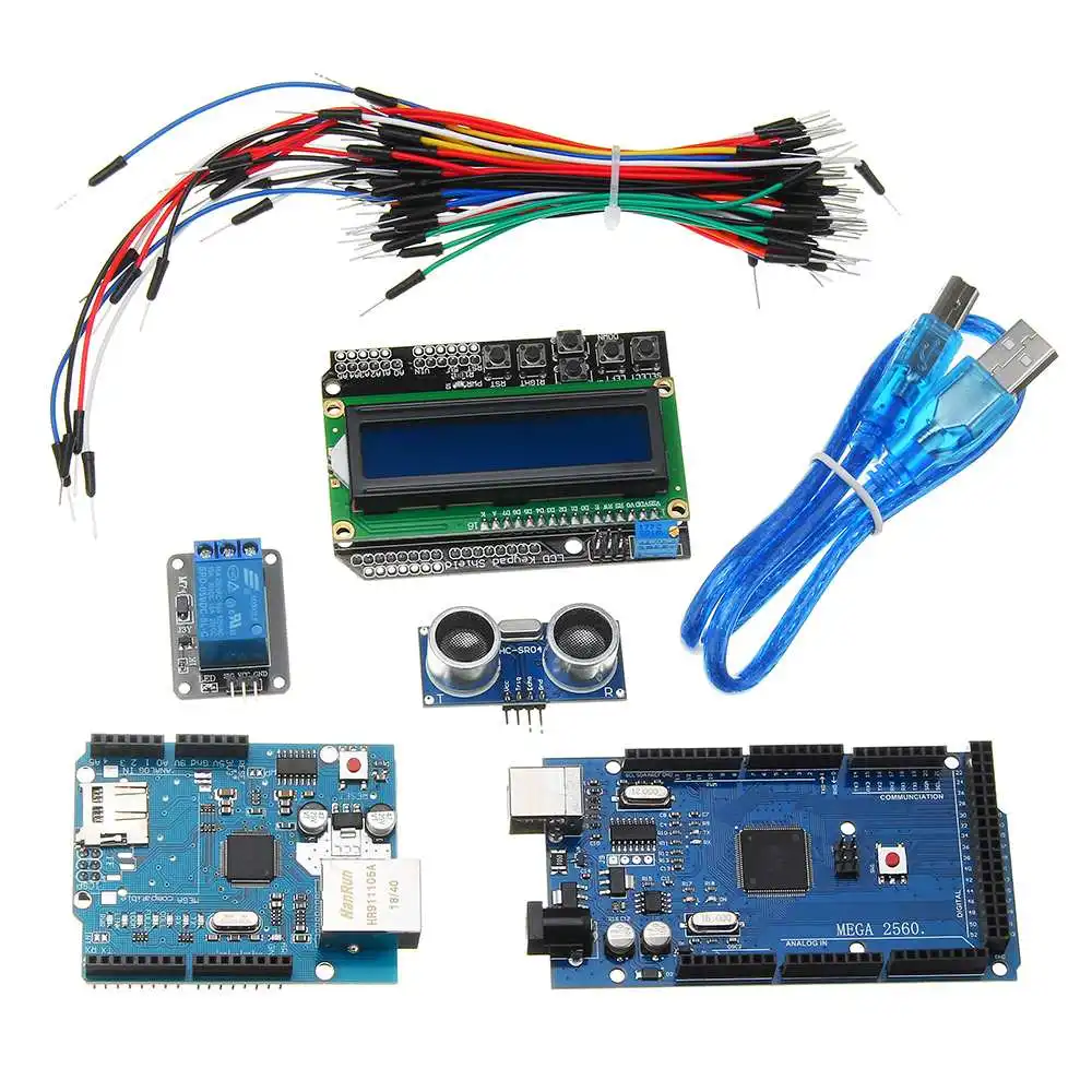 

Mega 2560 R3 For Arduino Kit + HC-SR04 + Breadboard Cable + Relay Module + W5100 Shield + LCD 1602 Keypad Shield