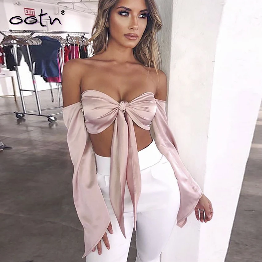 

OOTN Red Sexy Crop Top Off Shoulder Blouse Women Lace Up Long Sleeve Bow Women Tops 2019 Pink Flare Sleeve Summer Female Shirt