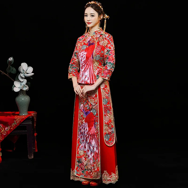 Новая мода благородное Ретро китайское женское свадебное платье с разрезами по бокам и воротником-стойкой длинное свадебное платье Qipao