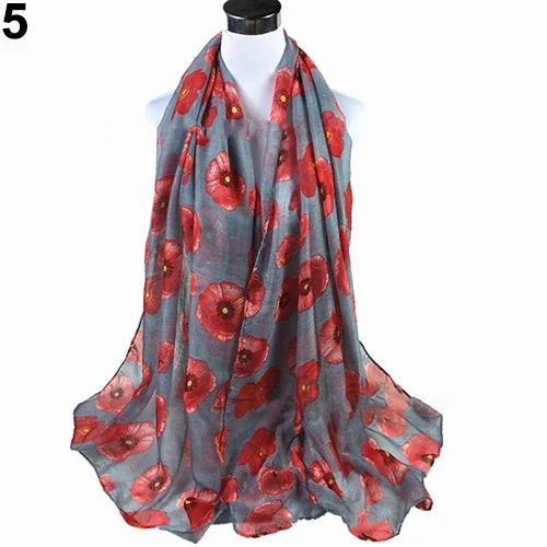 Женская мода сексуальный цветок мака печати шифон удобный длинный шарф, шаль - Цвет: Серый