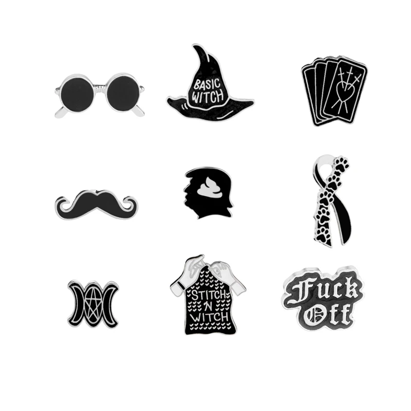 

Wild black White Magician Cartoon Brooch Rock Style Sunglasses Magic-hat Play-card Beard Tie Newspaper Badges Women Jewelry Pins