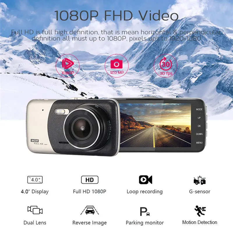 Olysine 4 дюйма Full HD 1080P Автомобильный видеорегистратор камера с двумя объективами IPS