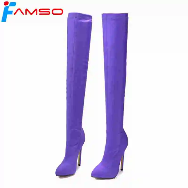 

FAMSO 2019 Shoes Women Boots Spring Autumn Purple Yellow High Heels Thigh High Boots Winter Prom Sexy Lady Motorcycle Boots