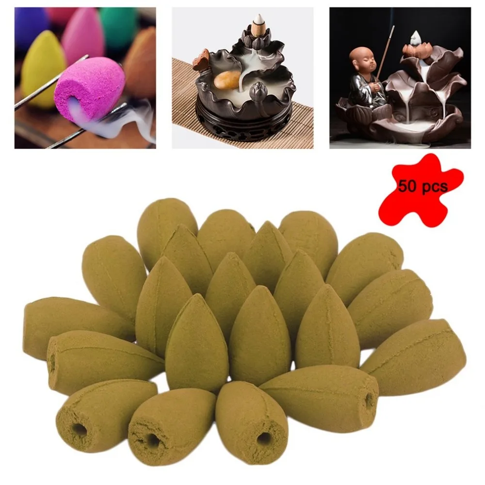 50pcs Bullet Backflow Incenses Sandalwood Tower Incense Burner Fragrant Reflux Aromatherapy Cones Household Perfume