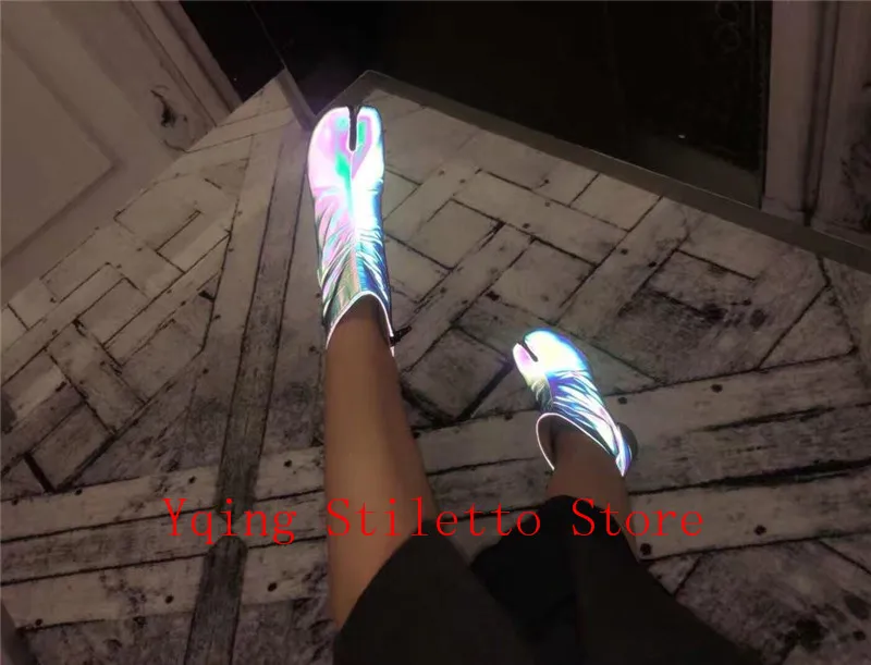 Botas Tobillo Tacones De Zapatos Los Pies Para Separan Marca Reflectantes Gruesos Cuero Mujer Dedos Lujo Pasarela Altos z6qd68w