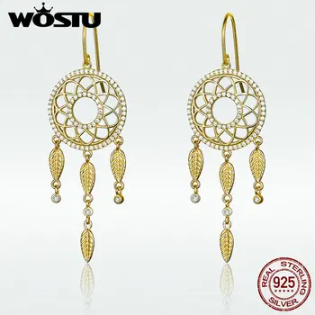 

WOSTU Vintage 925 Sterling Silver Dream Catcher Drop Earrings Zircon Gold Color Dangle Earrings For Women Wedding Jewelry DAE044