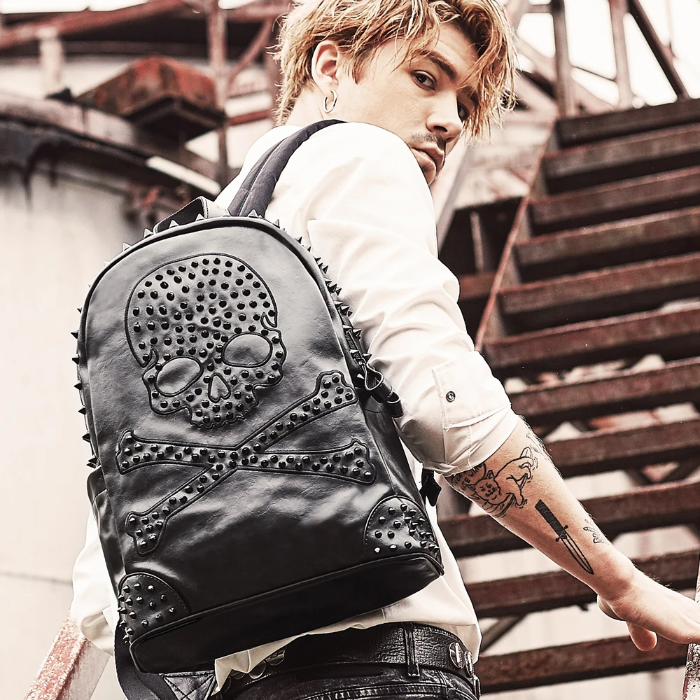 

UIYI backpack Men PVC Black Rock Punk Metal Rivet Men's Backpack Fashion Unisex bag women Shoulder Back bag for women Backpack