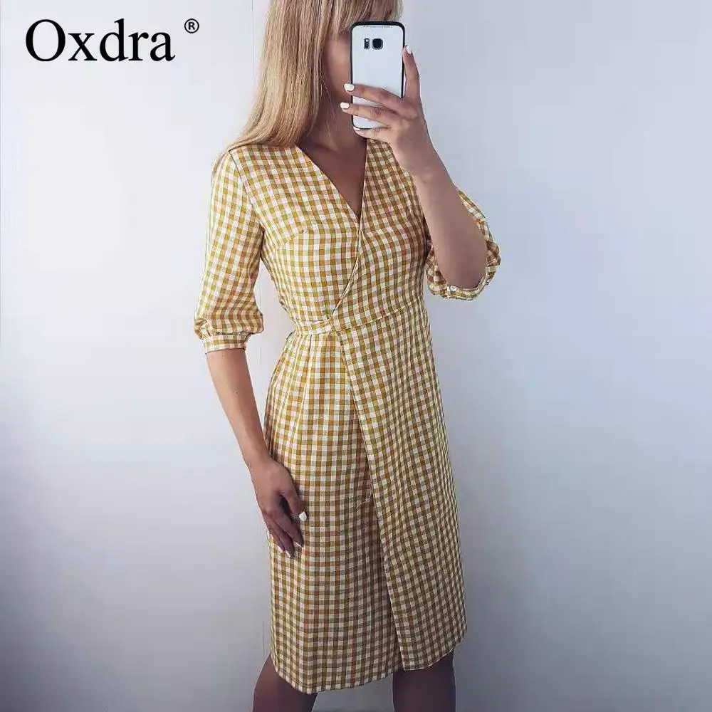 Oxdra клетчатое платье с v образным вырезом и коротким рукавом поясом женские