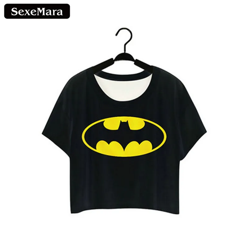 

SexeMara A Sign Of A Super Hero Printed Partten T shirts Fashion Short Sleeve Dew Navel Crop Tops Sexy T-shirt Women Tops F973