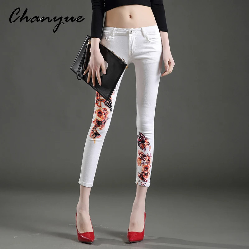 ФОТО Chanyue Jeans Woman Boyfriend Jeans For Women White Fashion Painted Butterfly Skinny Mid Waist Pants American Apparel Plus Size