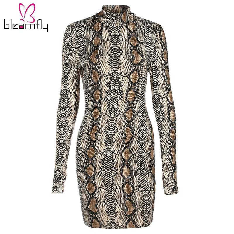 Принт змеиной кожи платье с длинными рукавами 2019 г. Демисезонные женские