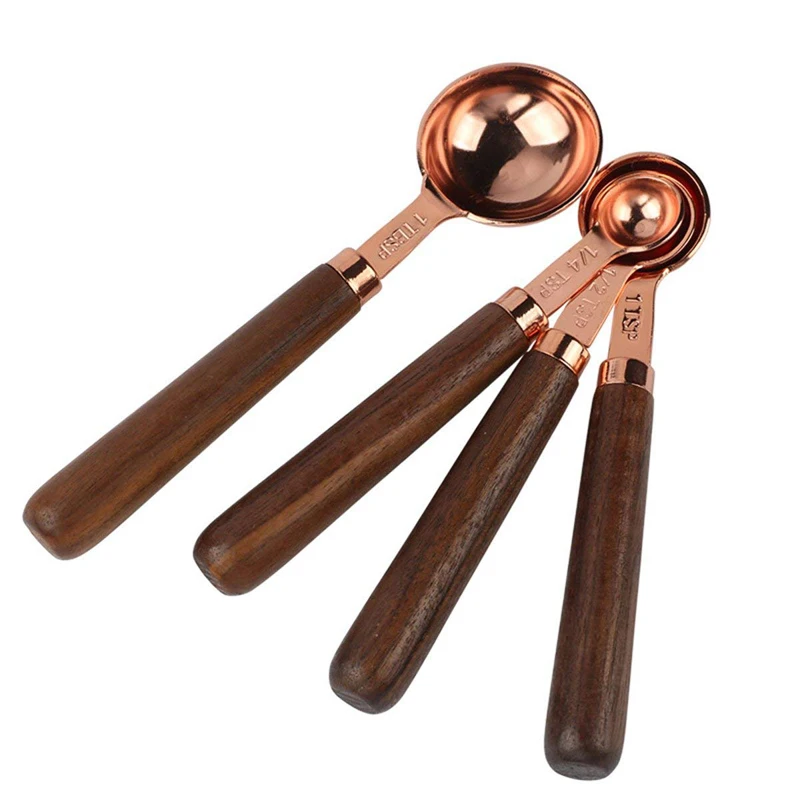 4pcs Rose Gold Measuring Spoons Wood Handle Stainless Steel Measuring Spoon Set Coffee Scoop Kitchen Scale Baking Cooking Tools (1)