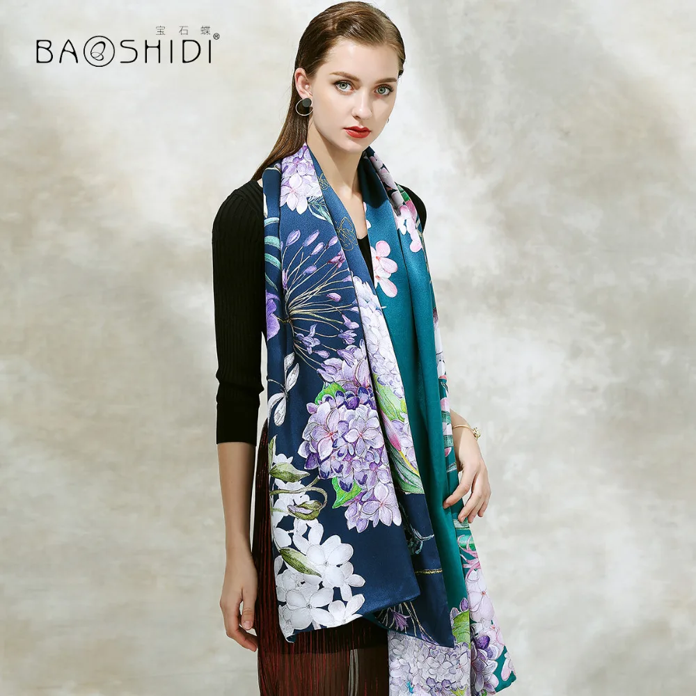 

[BAOSHDI]2017 New Fashion double layer 100% silk digital printing and 50% silk with 50% wool dyening autumn winter women scarf