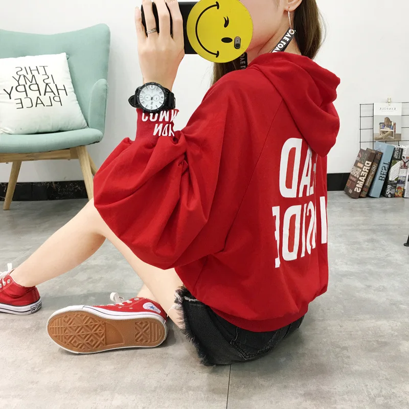 

Womens hoodies puff sleeve short girl chic sweatshirts streetwear pullover letter tops hooded female sweatshirt woman top