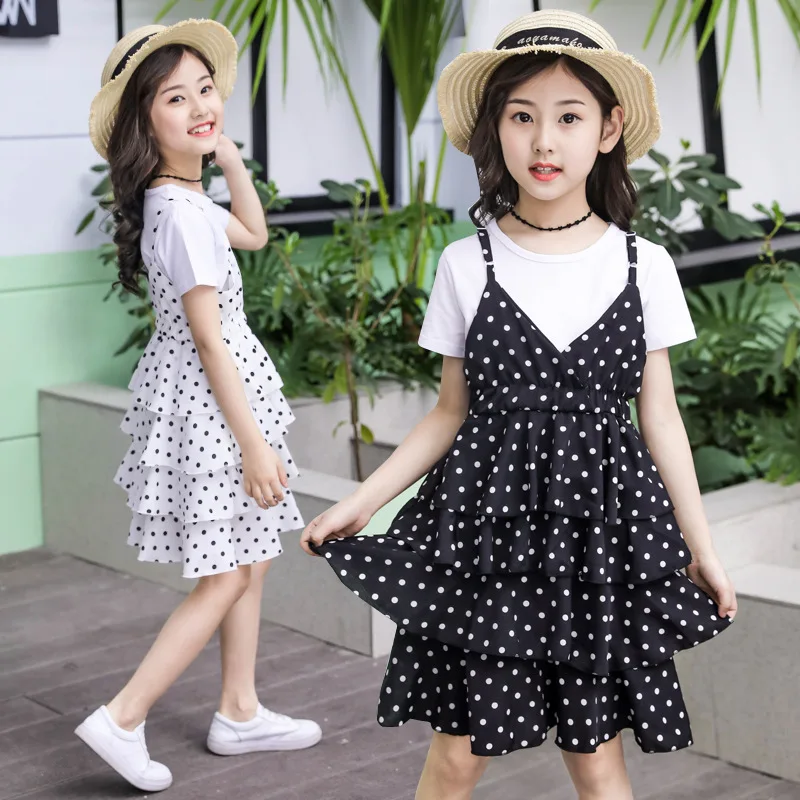 

New Summer Teen Girls Clothing Outfits Cotton Short T-shirt +Dot Dress Set Two-piece Casual School Children Clothes Kids Costume