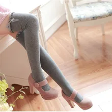 spring girl women sexy stockings lacework border cotton bowknot over knees white grey lolita thick long