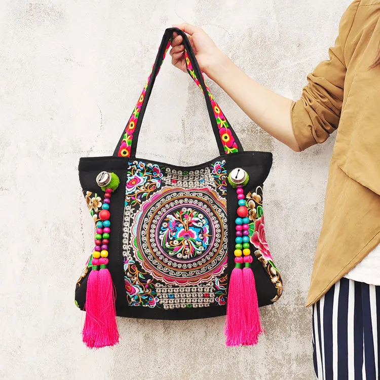 Vektenxi Vintage National Style Ethnic Shoulder Bag Embroidery Boho Hippie Tassel Tote Messenger Durable and Useful 