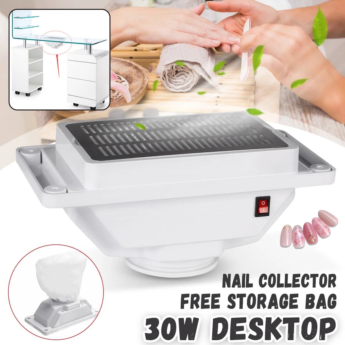 

30W AC 220-240V Nail Suction Dust Collector Large Size Strong Nail Vacuum Cleaner Machine Low Noisy with Dust Collector Bag