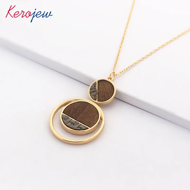 

Korean European fashion Geometric circular wooden Rattan round long pendant necklaces for women oorbelle boucle doreille femme