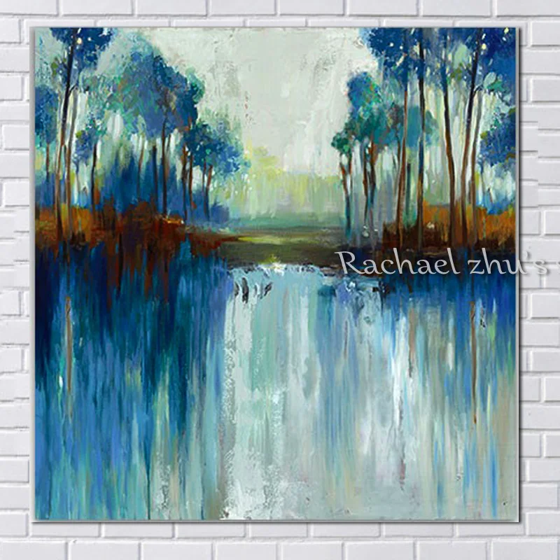 Hand Painted Abstract Blue River Landscape Oil Paintings On Canvas