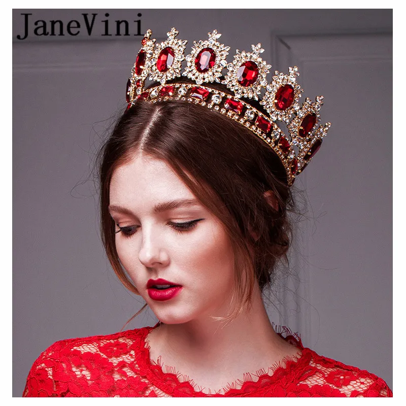 

JaneVini Baroque Red Head Jewelry Rhinestone Women Pageant Tiaras And Crowns Crystal Bridal Wedding Crown Queen Hair Accessories