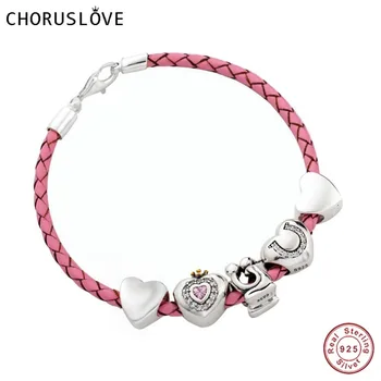 

Choruslove Pink Braided Leather Valentines Bracelet with Love Heart Charms Beads 925 Silver Lobster Clasp for Girlfriend SJ2011