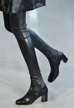 2016 Fashion Boots Over Knee High Plus Size 31-45 High Square Heel Slip On New Fashion Black Women’s Winter Shoes
