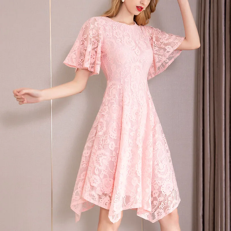 

PIXY Sweet Pink Lace Dress Women Summer Midi Irregular Dresses Basic Retro Hepburn Little Black vestidos Ladies Vintage sukienka