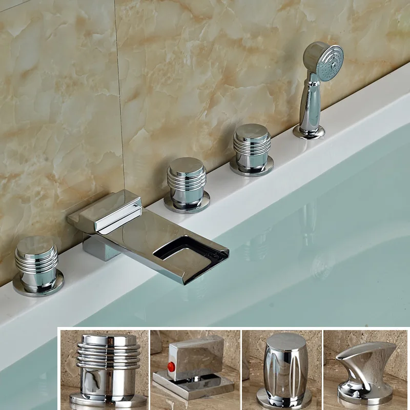 

Luxury Widespread 5pcs Waterfall Bath Tub Faucet with Handheld Shower Deck Mounted Chrome Finished