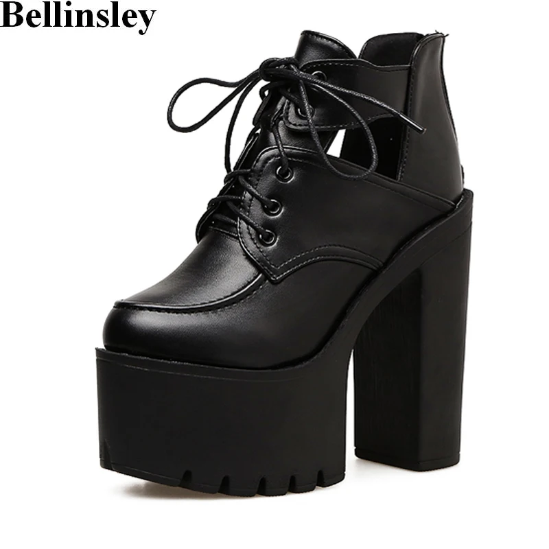 2018 Spring Autumn Women Shoes Black Thick High Heels Boots Lace Up Cut ...