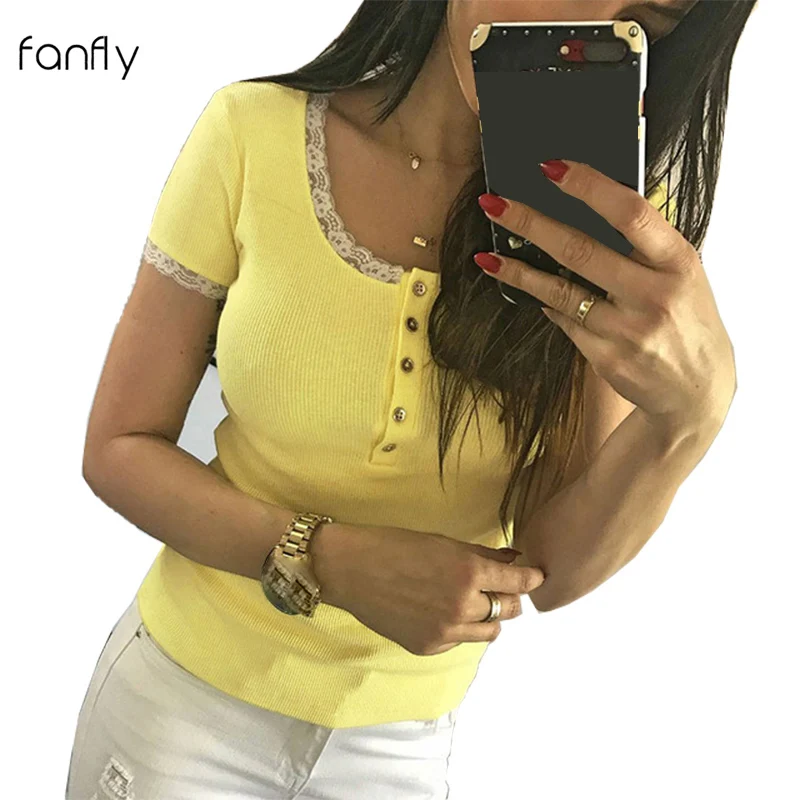 

Short Sleeve T-shirt Women Lace Patchwork Tee Shirt Casual Tshirt Button O Neck Summer Harajuku Womens Clothing SJ2087F