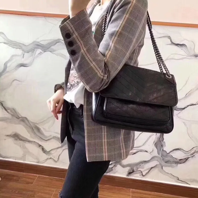 

JIULIN2008 New popping oil wax cowhide mailman bag retro double-chain lady bag one-shoulder oblique small square bag